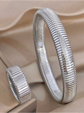 Sterling Silver Ribbed Cuff Bracelet - Silver
